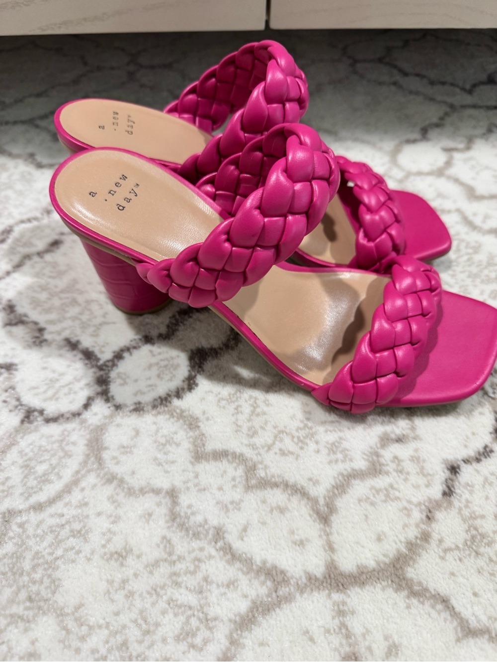 Braided Strap Square-Toe Heeled Sandals in Pink, Taupe, off White, Metallic. - Picture 9 of 10